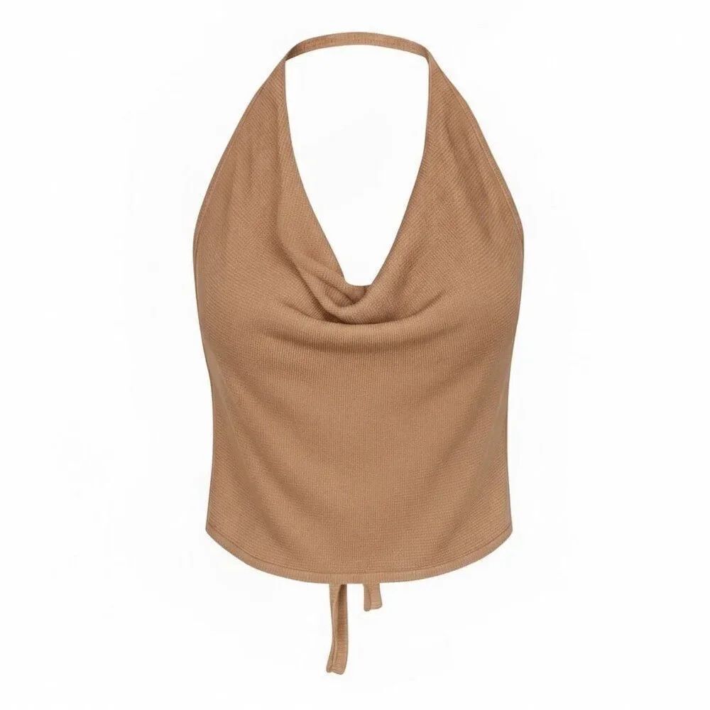 New Aya Muse Cinnabar Knit Tied Draped Halter Crop Top XXS Light Brown